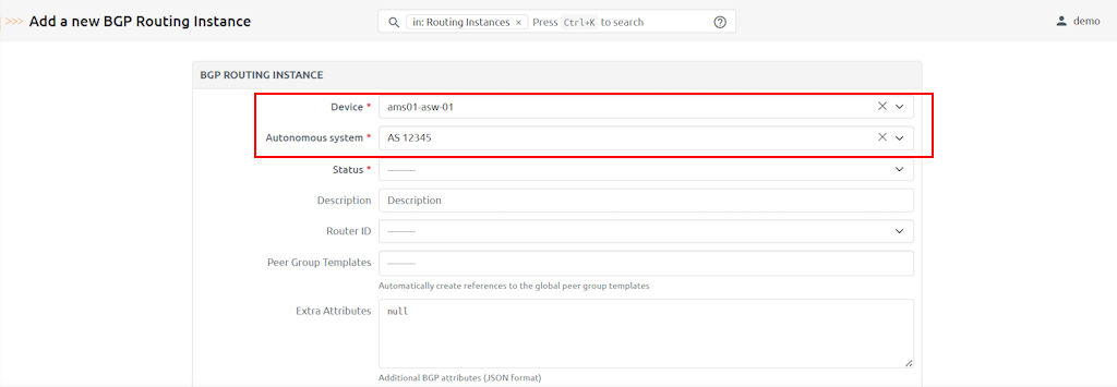 BGP Routing Instance Form BGP Routing Instance Form
