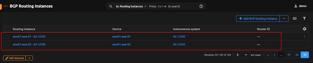 BGP Routing Instances List BGP Routing Instances List