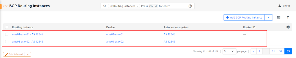 BGP Routing Instances List BGP Routing Instances List