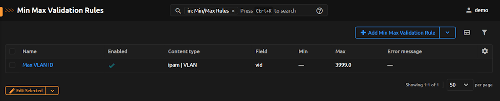 Min/Max Rules List