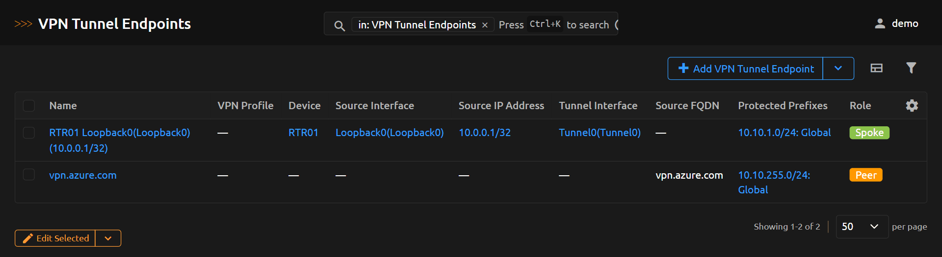 VPN Tunnel Endpoint List View