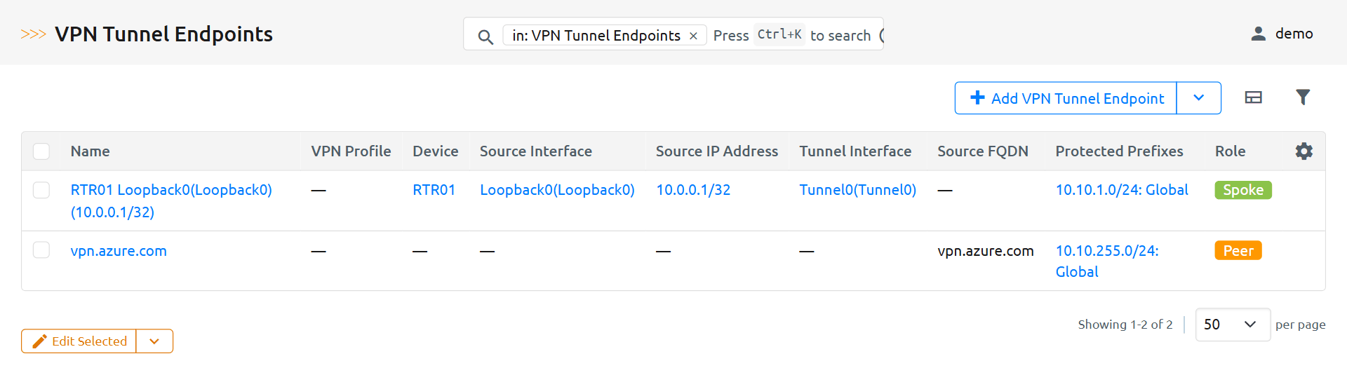 VPN Tunnel Endpoint List View