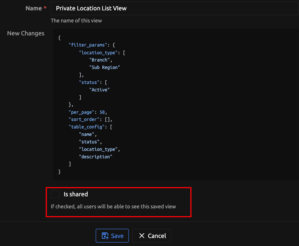 Saved View Modal Unchecked