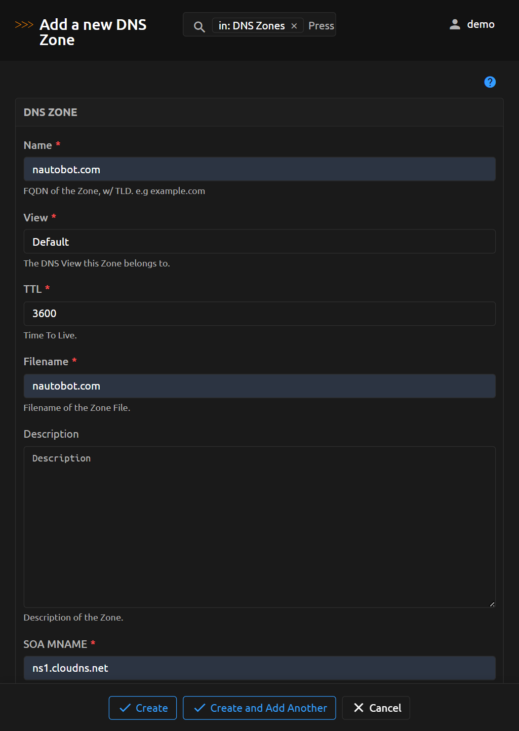 Example New DNS Zone form with filled entries