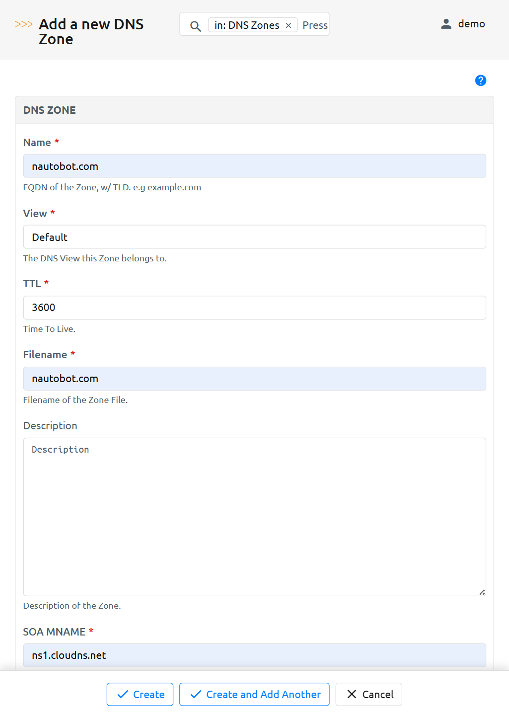 Example New DNS Zone form with filled entries